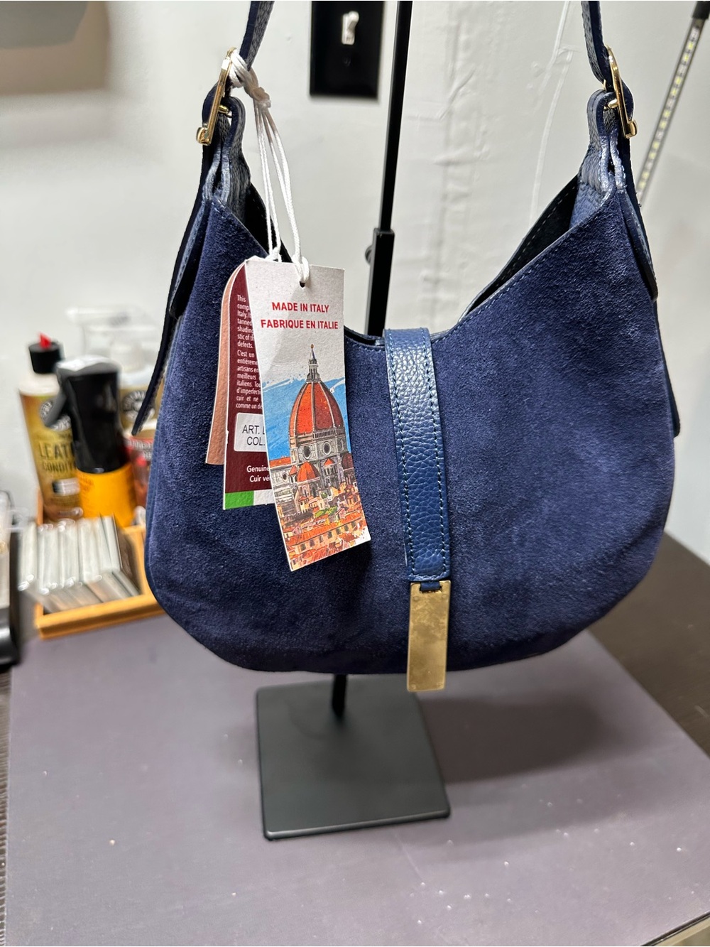 Brand New Isadora Navy Suede Shoulder Bag with Gold Accent